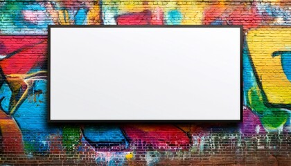 Fototapeta premium blank white billboard on a brick wall covered in colorful graffiti