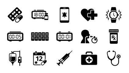 Fototapeta premium Medical medication reminder icons, 15 black vector pill and healthcare symbols, pharmacy schedule and drug alarm icons set