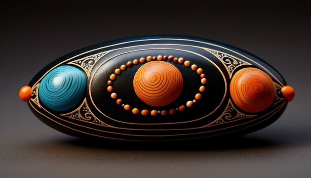 black oval shaped object with two painted wooden beads one orange one blue