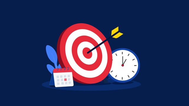 Business goal target with arrow, clock and calendar illustration, representing time management, planning, deadlines, achievement, productivity, strategy and successful project completion.