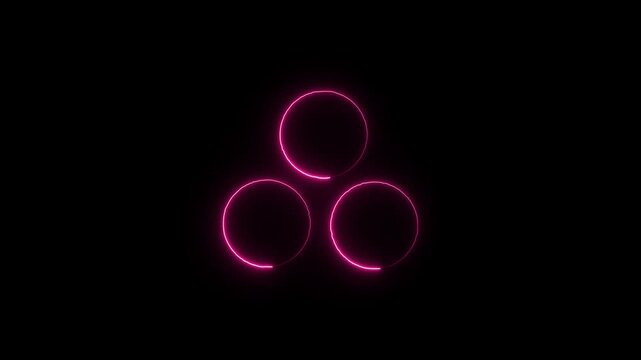 Flicker neon vedio three glowing pink circles arranged in a triangular formation on black circular rings with bright light in a triangle set against deep background