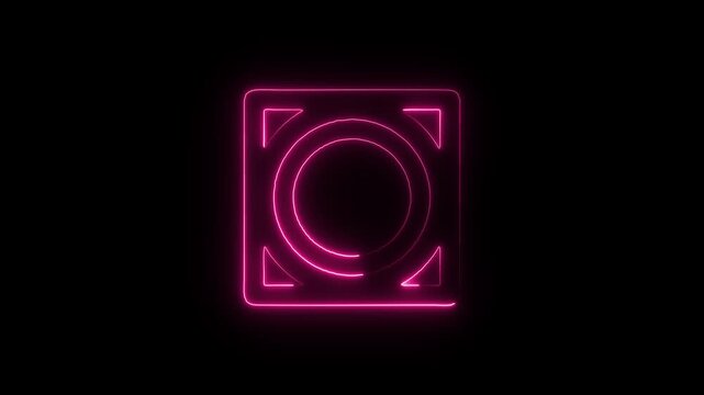 Flicker neon vedio pink square frame icon with centered circle glowing against black background a outline featuring a circular ring and corner geometric accents against solid