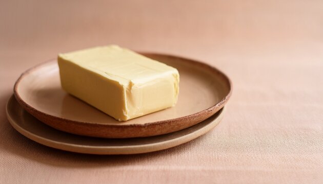 block of fresh butter resting on handcrafted ceramic plate placed on pale ash wood tabletop minimalist premium food photography warm neutral background generous copy space