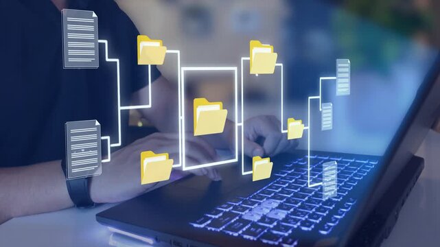Process automation to efficiently manage files. Online documentation database and document management system concept. 