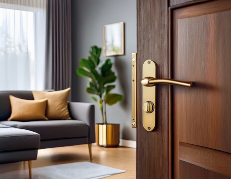 brown wood panel door open with brass gold handle metal doors knob lock keyhole doorknob and gold latch wooden veneer door half opening gray living room interior view modern trends of home design