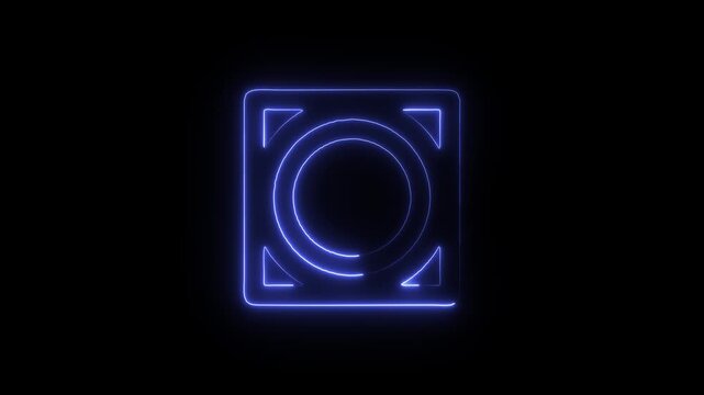 Flicker neon vedio blue square frame icon with centered circle glowing against dark background a radiant frame with an inner circular ring design brightly against a dark