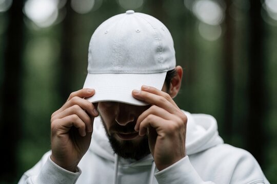 Man in white cap adjusts brim downwards hiding face in blurred green forest. Person wears white hoodie, looks down, creating mysterious anonymous mood. Outdoors nature scene.
