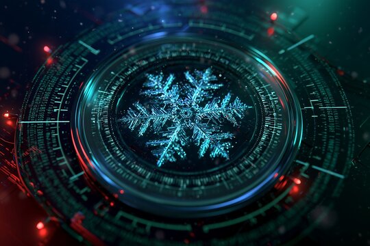 Abstract Futuristic Digital Snowflake Technology Interface Concept with Glowing Cybernetic Circular HUD Elements and Neon Blue and Red Lighting Effects