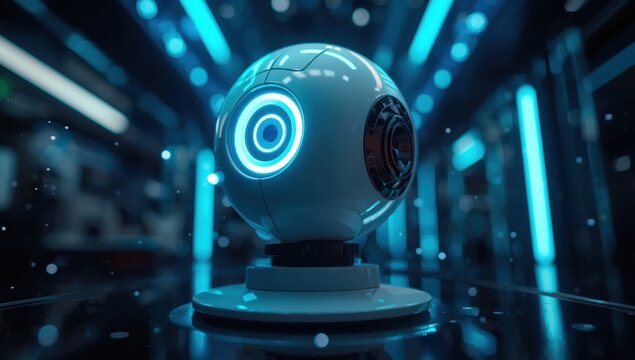 Abstract digital featuring a glowing blue eye with concentric circles and a floating black dot