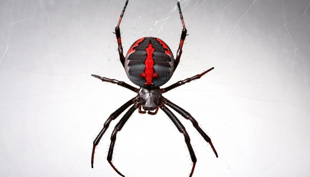 close up of black widow spider with red markings on white background