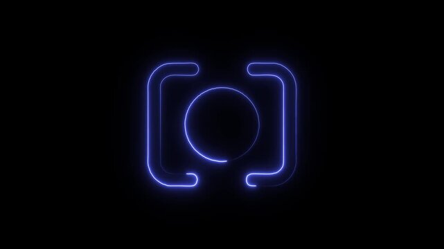 Flicker neon vedio blue circular record button icon on black background a of a enclosed within corner brackets against circle recording interface camera glowing