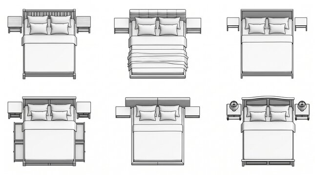 Architectural Plan Set Of Double Beds Top View Floor Plan Symbols Isolated On White Background