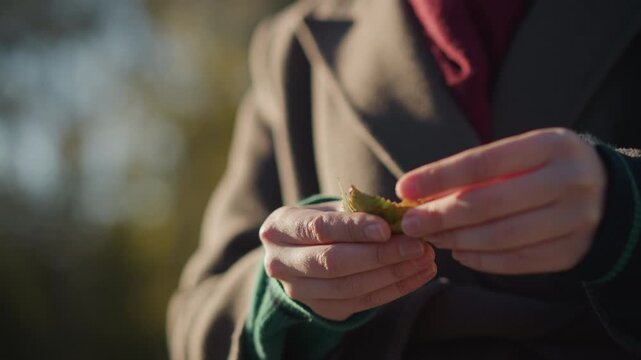 Close up of person holding and examining autumn leaves in their hands focusing on texture details. person wears layered clothing suitable for cool weather with soft lighting enhancing hand