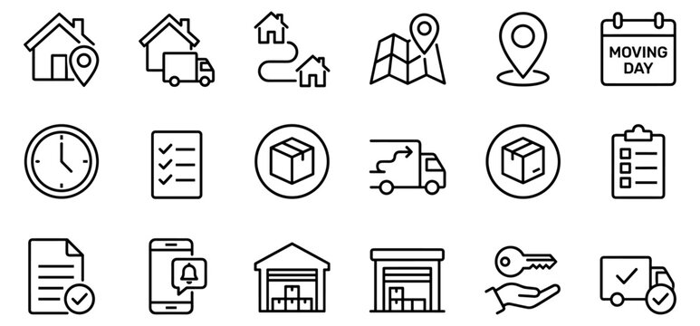 house moving and relocation vector icon set with truck, map pin, warehouse, calendar and key 
