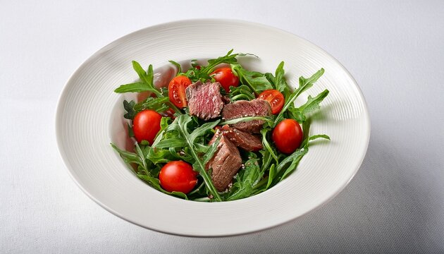 fresh arugula salad with cherry tomatoes and tender lamb pieces in a white bowl arranged on a clean white table garnished with pepper