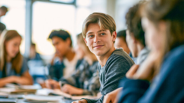 Male high school or college student sitting in a workgroup with fellow students in a classroom.