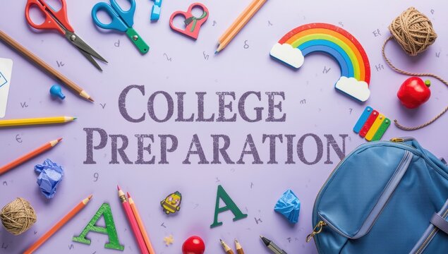 Colorful flat lay of college prep supplies and accessories