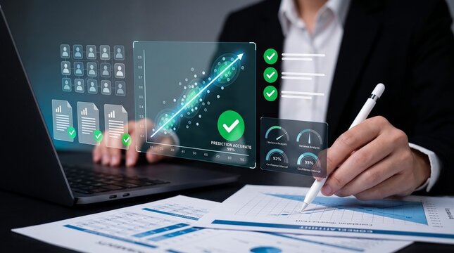 predictive data modeling. regression analysis with 99% prediction accuracy. confidence interval visualization. businessman using laptop with statistical charts.

