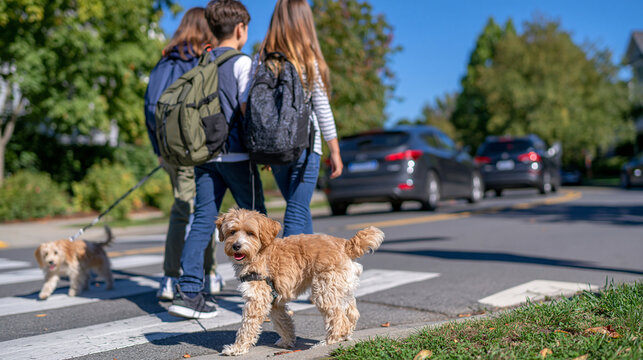 Rear view of children heading across a city street toward school while a crossing guard stops traffic, one family accompanied by a small dog trotting on a leash, bright clear morning, faces outside 