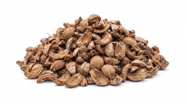 Large Heap Of Broken Empty Coconut Shells Isolated On White Background