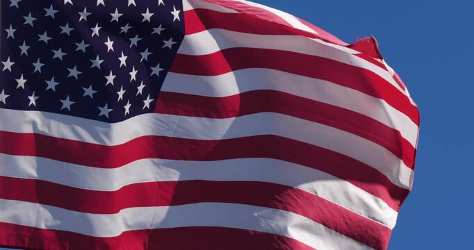American flag waving against blue sky