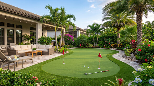 Private backyard putting green with patio furniture and palm trees in a sunny garden
