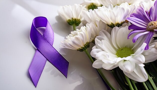 purple awareness ribbon on white floral bouquet for overdose day
