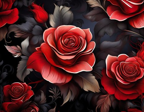 red and black roses with dark floral print pattern for wallpaper