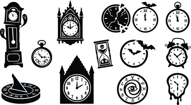 Detailed collection of diverse clock vector illustrations featuring vintage designs gothic styles abstract shapes and scary spooky halloween graphic elements