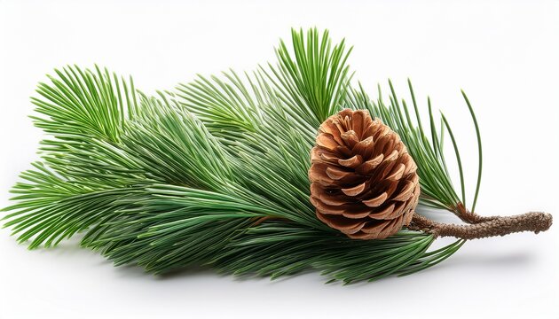 single pine cone on a green pine branch isolated on white background