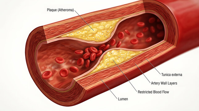 Medical illustration showing arterial plaque buildup inside a blood vessel