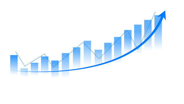 Business bar chart with a rising line graph on a transparent background, Rising blue bar chart showing business growth, showing business growth, financial progress and increasing performance.