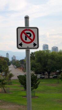 No Parking sign on a metal pole at a street next to green space, with tall buildings in the background. In vertical format.