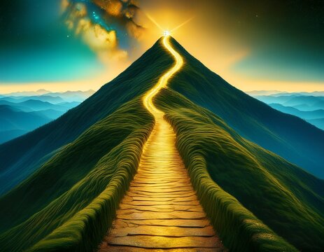 surreal landscape of a glowing golden path winding up a textured blue and green mountain peak