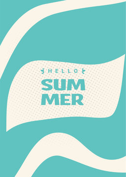 Summer Greeting Retro Abstract Poster With Wavy Shapes, Turquoise Background, Dotted Texture And Bold Seasonal Typography Design