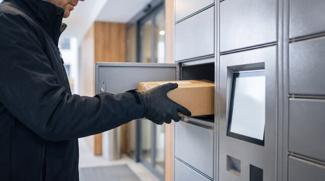 Delivery courier placing parcel in locker service kiosk for contactless package shipment with focus and professional determination