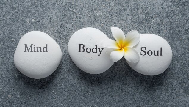 Minimalist white spheres labeled mind body soul with golden sun symbol