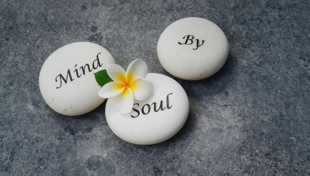 Minimalist white spheres with mind body soul and by text in serif font
