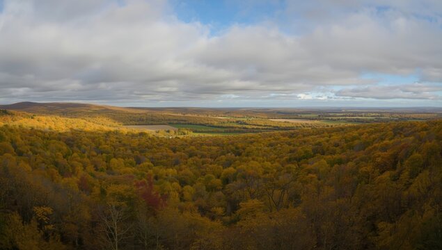 Rolling hills covered in autumn foliage under cloudy sky