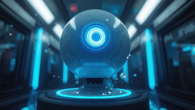 Surreal blue portal with glowing center in dark futuristic setting