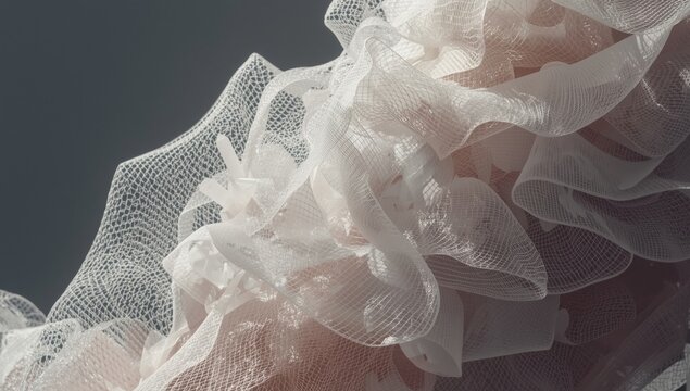 Surreal cinematic of a floating translucent fabric with pink and white hues