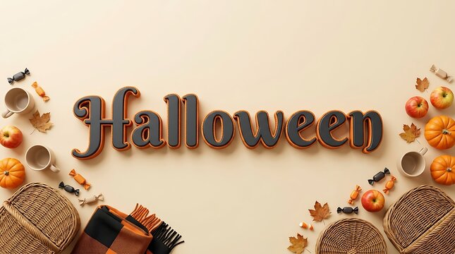 Orange and black Halloween lettering template with pumpkins baskets and autumn foliage.