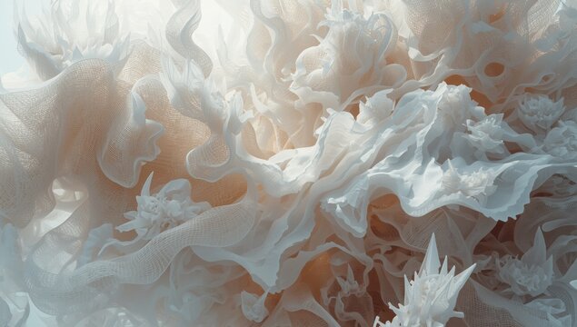 Surreal closeup of a translucent white fabric with orange and brown organic patterns