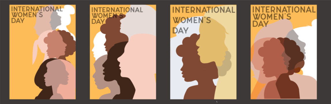 International Women's Day march 8 cards, posters frame banner, template typography design for advertising, web, social media. Profile Group of Women different race and ethnicity diversity concept