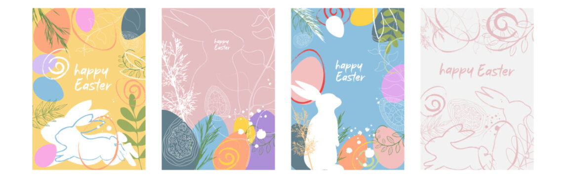 Happy Easter greeting cards set with abstract bunnies and eggs line art vector