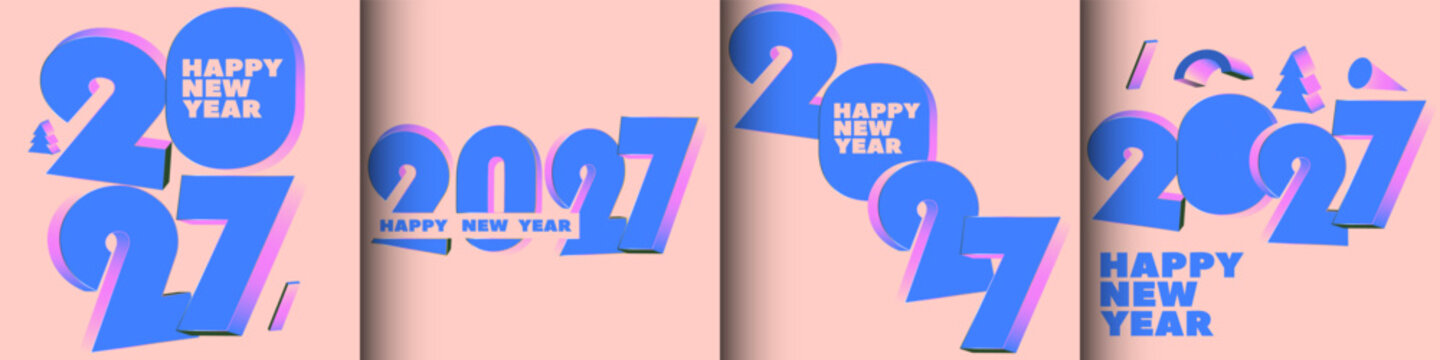 Happy New Year 2027 greeting card, flyer, posters design template calendar set. Blue, white gradient Holidays Layout, presentation, brochure, banner, background