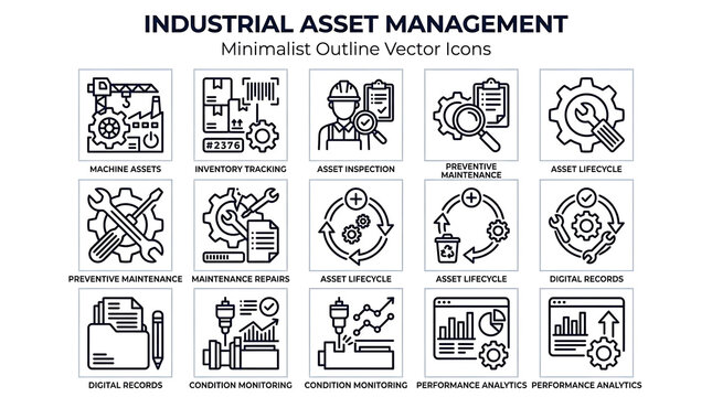 Professional Industrial Asset Management Minimalist Outline Vector Icon Set for Factory Maintenance and Equipment Tracking