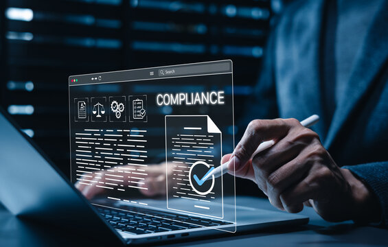 Compliance audit and legal regulatory policy concept. Officer using stylus to sign digital document contract with approved law scales icon, process checklist, corporate governance rules, verification