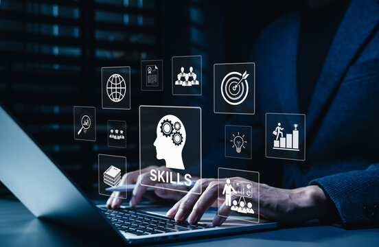 Skills development and workforce training concept. Businessman using laptop and learning icons, competency growth, employee upskilling, career development, education, performance, talent management