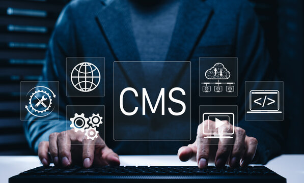 Content management system (CMS) concept. Programmer operating website development tools, managing web content, cloud data, coding, and multimedia for digital publishing and online presence.
